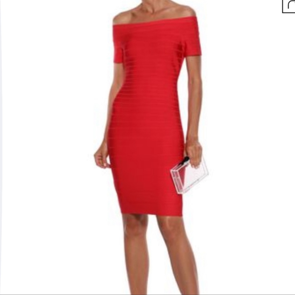 Herve Leger Carmen Red Bandage Off Shoulder stretch Cocktail Dress size M